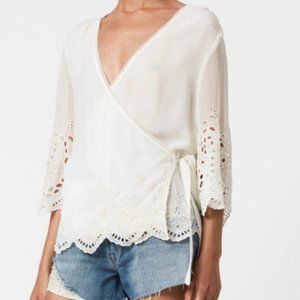 ALLSAINTS Zariah  Wrap Top Broderie Details sheer V-Neck Eyelet  Cream Size 4